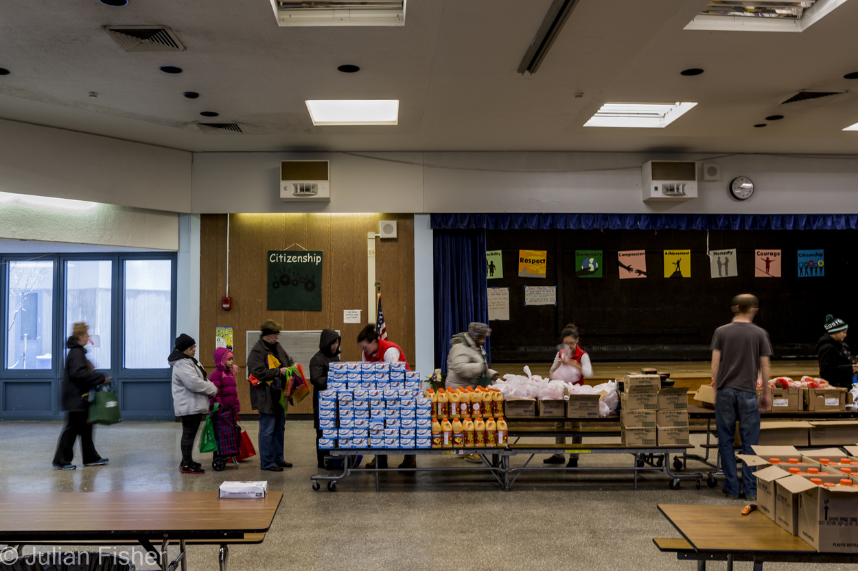 Todays lesson in citizenship food insecurity. Popup food pantry for the needy. Boston, MA 