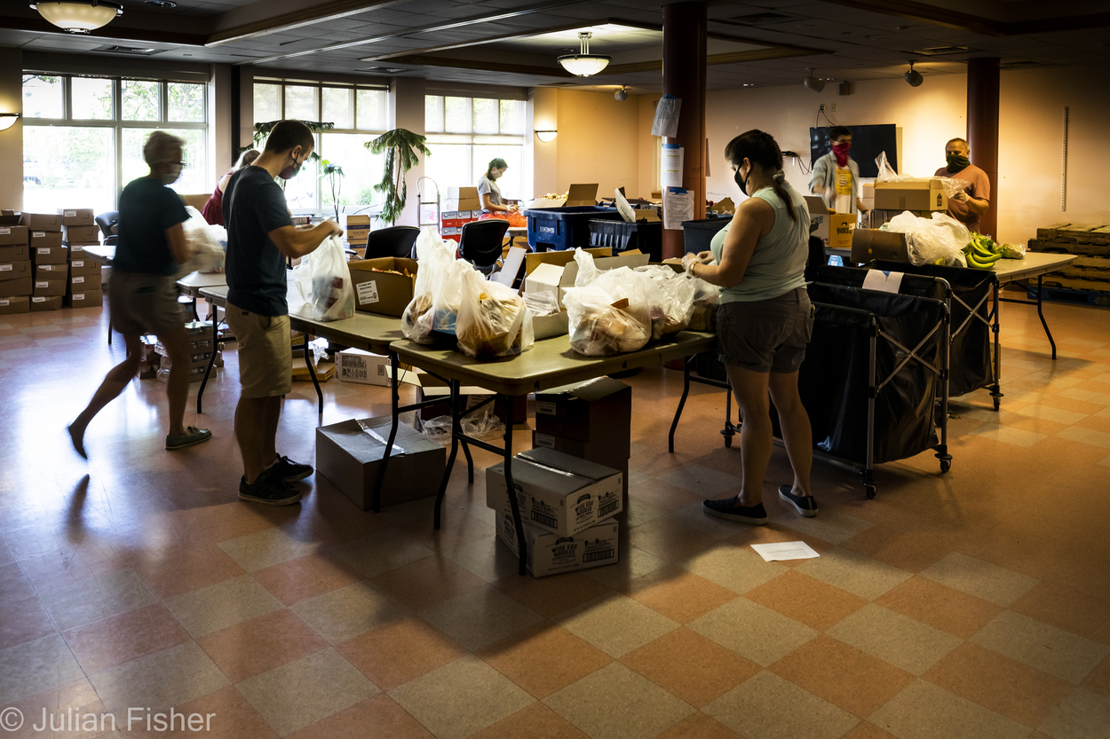 For those in need Food for Free foodbag assembly line. Preparation room in a senior center. nbspCambridge, MA 