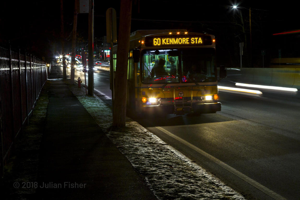 catching the boston metro bus in the dark